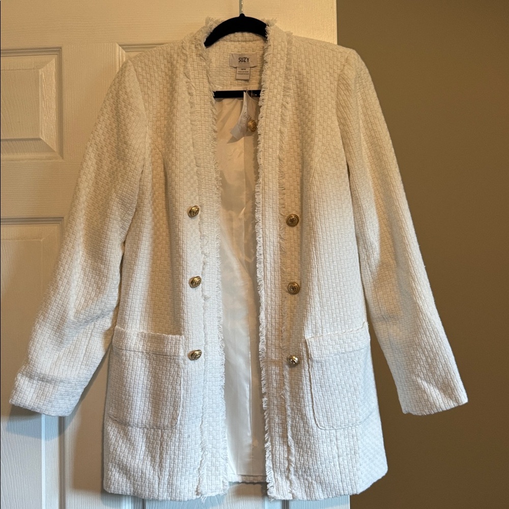 Women’s White Textured Blazer with Gold Buttons